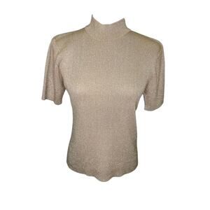 NEK Northeast Knitters Beige Silver Ribbed Short Sleeve Mock Neck Top